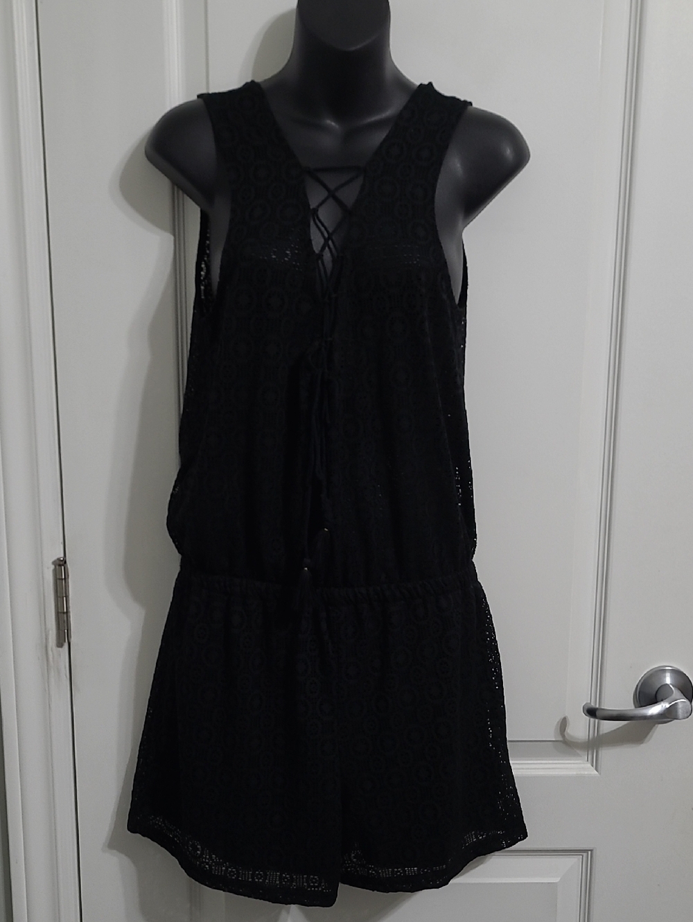 Black Lace Beachcover Romper Lace-Up Front Sz Med